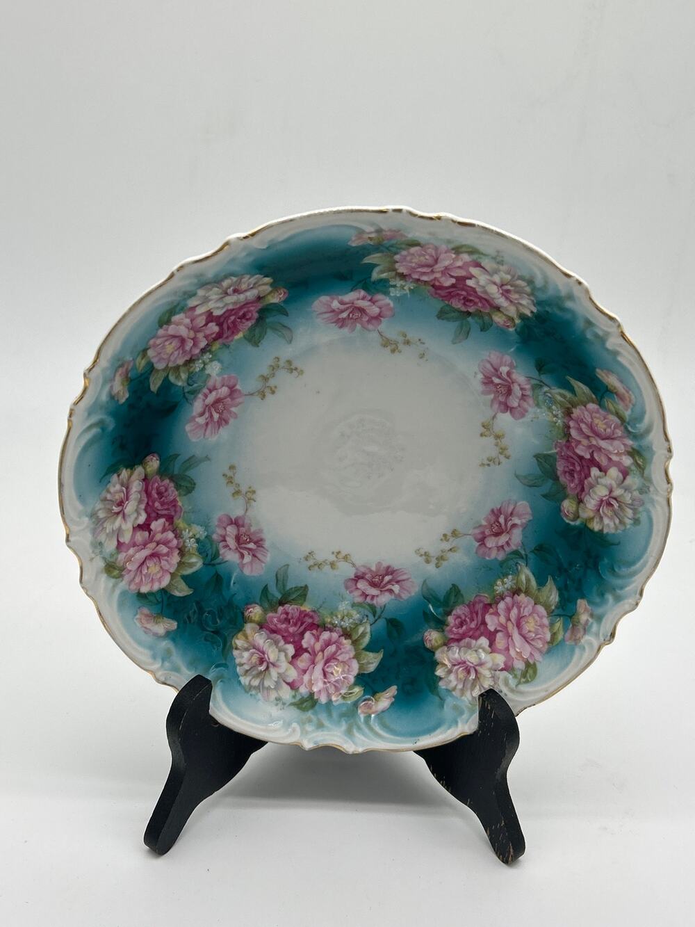 Antique Painted Floral Porcelain Bowl 9” Turquoise Pink Gold Scalloped Rim